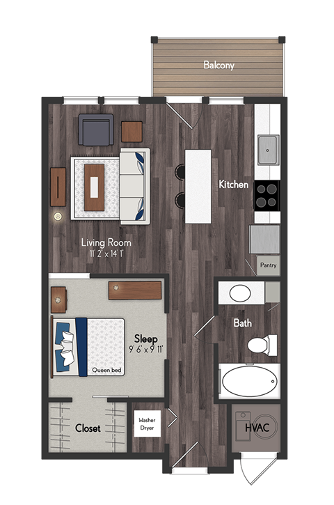 Floor plan for studio, 1 bath, 600 sqft